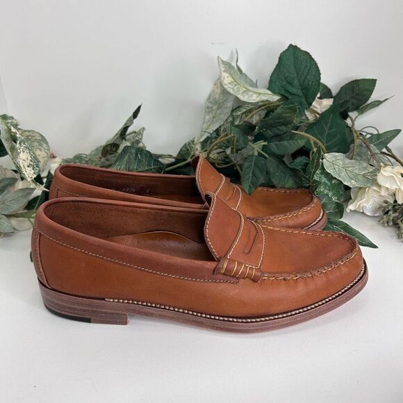 Brookline Shoes Men’s Size 8 Brown Leather Penny Loafer Contrasting Stitching - Picture 3 of 9